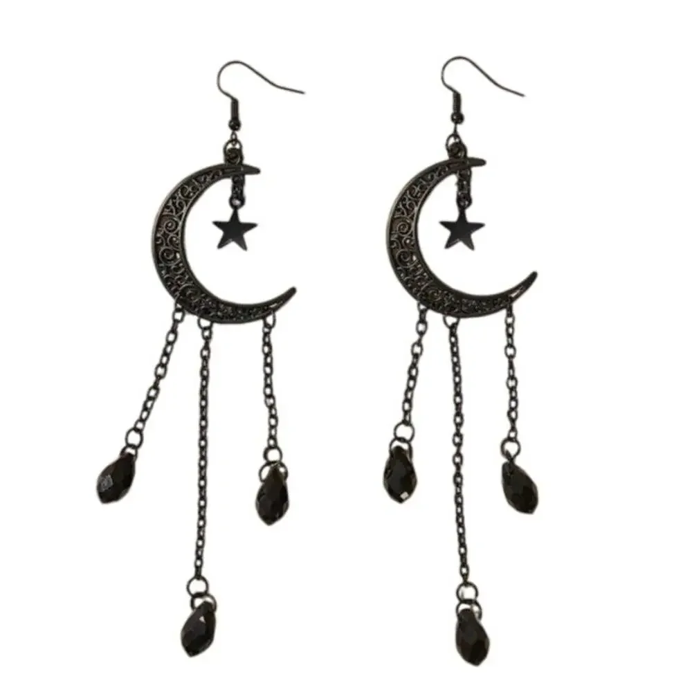 ROMWE Crescent Moon Shaped Hollow Out Stars Tassel Pendant Earrings Whimsygoth - Picture 1 of 5